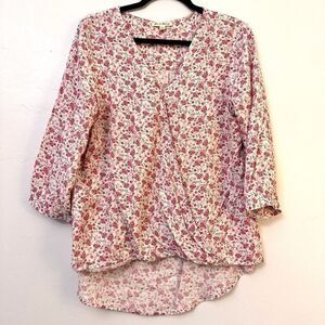 Jane and Delancey Floral High Low Hem Long Sleeve V-Neck Wrap Top Pink Large